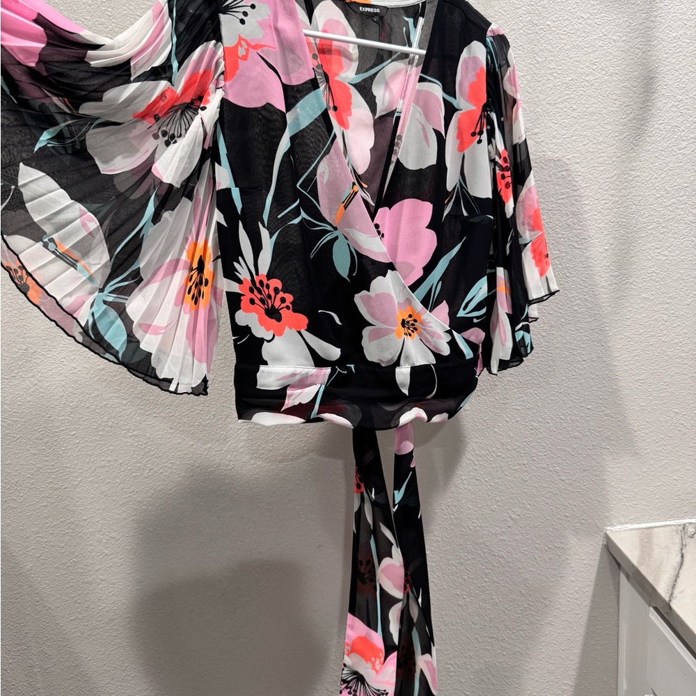 Express Black Floral Wrap Crop Blouse